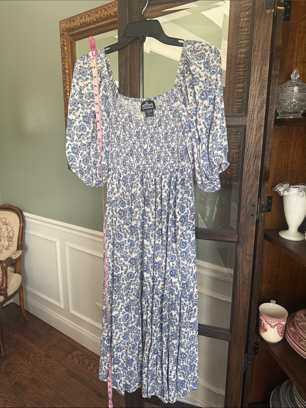 Angie Blue Floral Smocked Tiered Midi Dress Cottagecore Boho Large